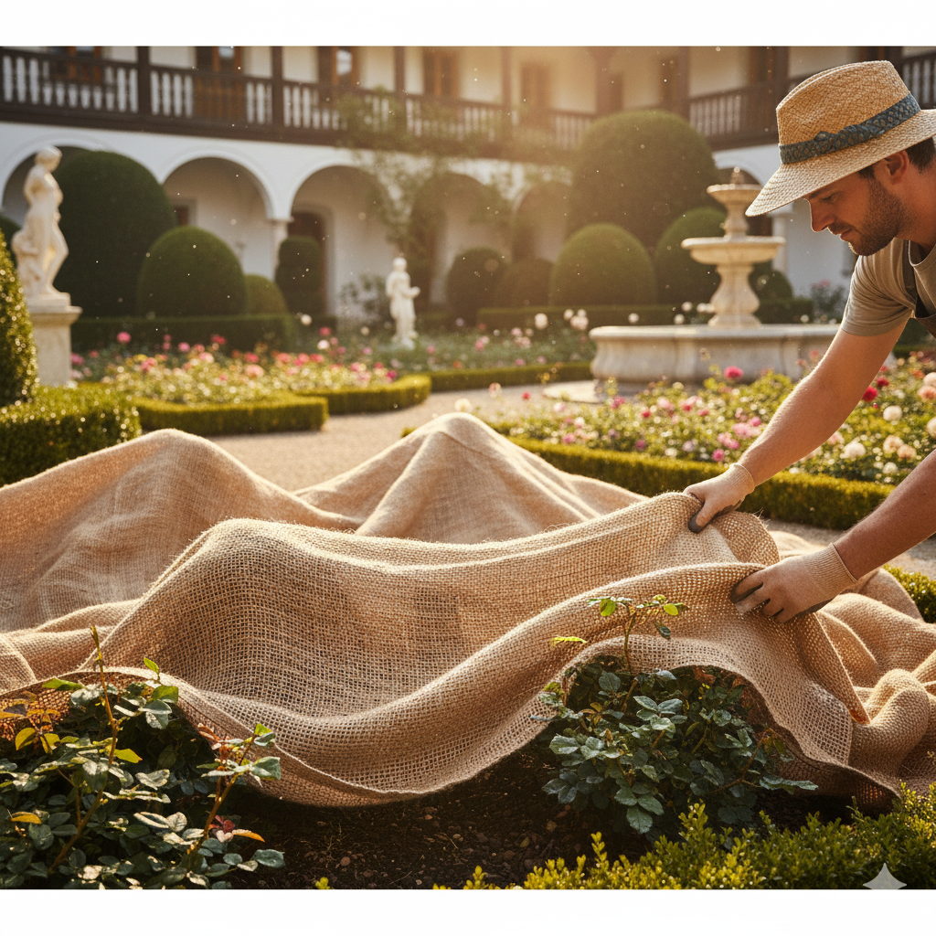 Gärtner bringt Vliesschutz auf empfindliche Sträucher im Garten an, realistisch, 1:1