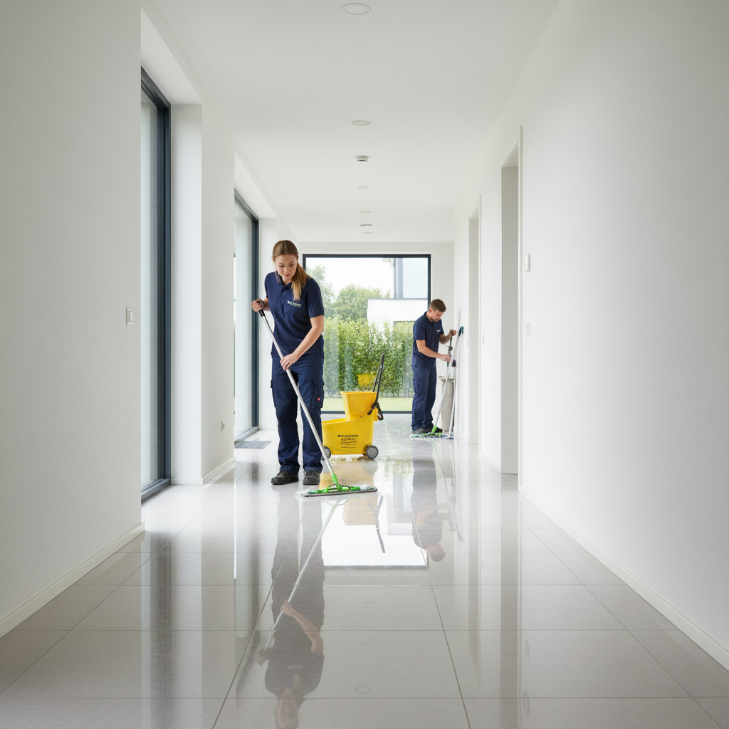 Reinigungskraft wischt einen glänzenden Fußboden